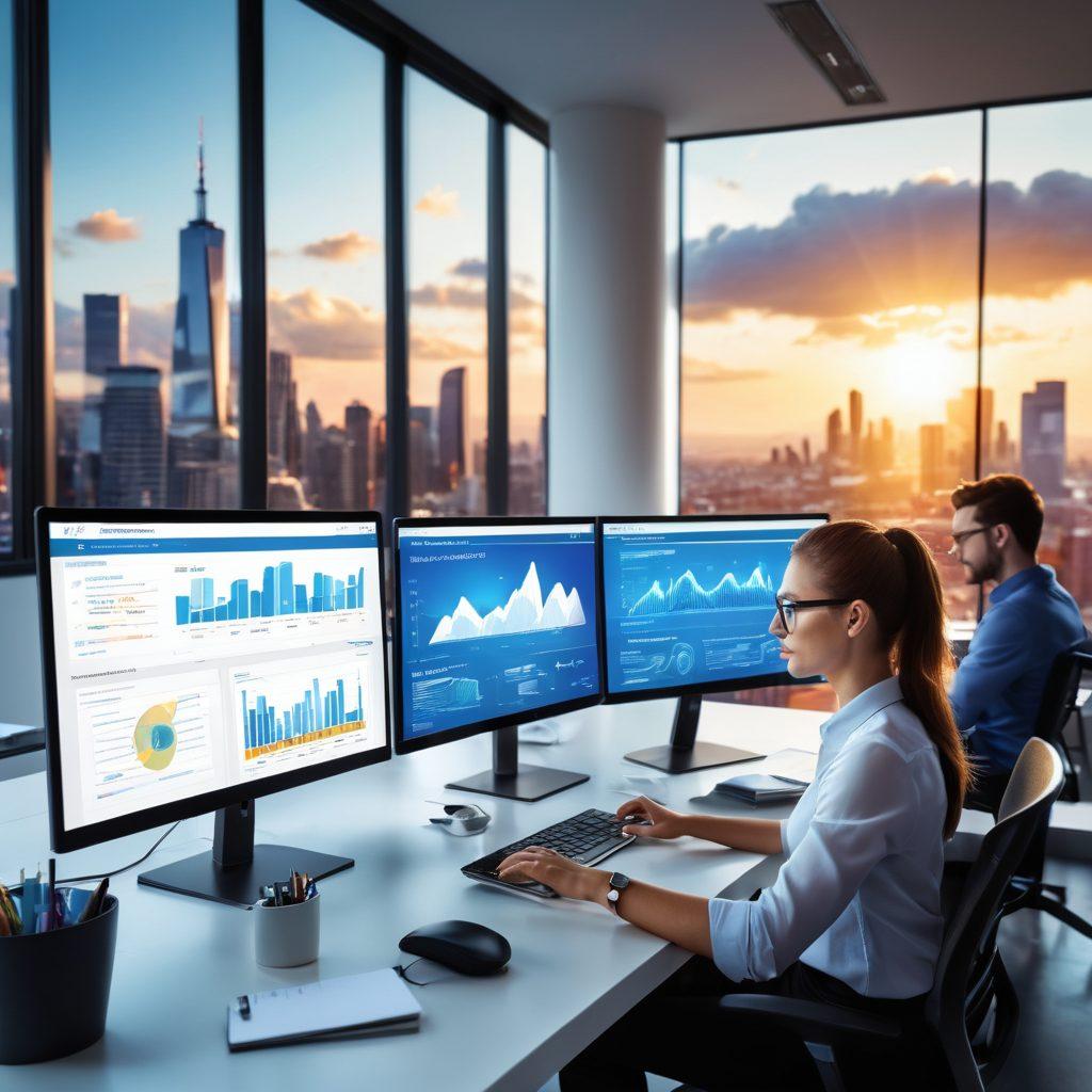 A dynamic business scene featuring a sleek, modern office setting with a diverse team of professionals collaborating over laptops, while a large screen displays vibrant web hosting graphics and data analytics. Sunlight shines through large windows, conveying a sense of progress and innovation. Elements of technology like cloud icons and digital networks subtly integrate into the background. super-realistic. vibrant colors. bright and airy.