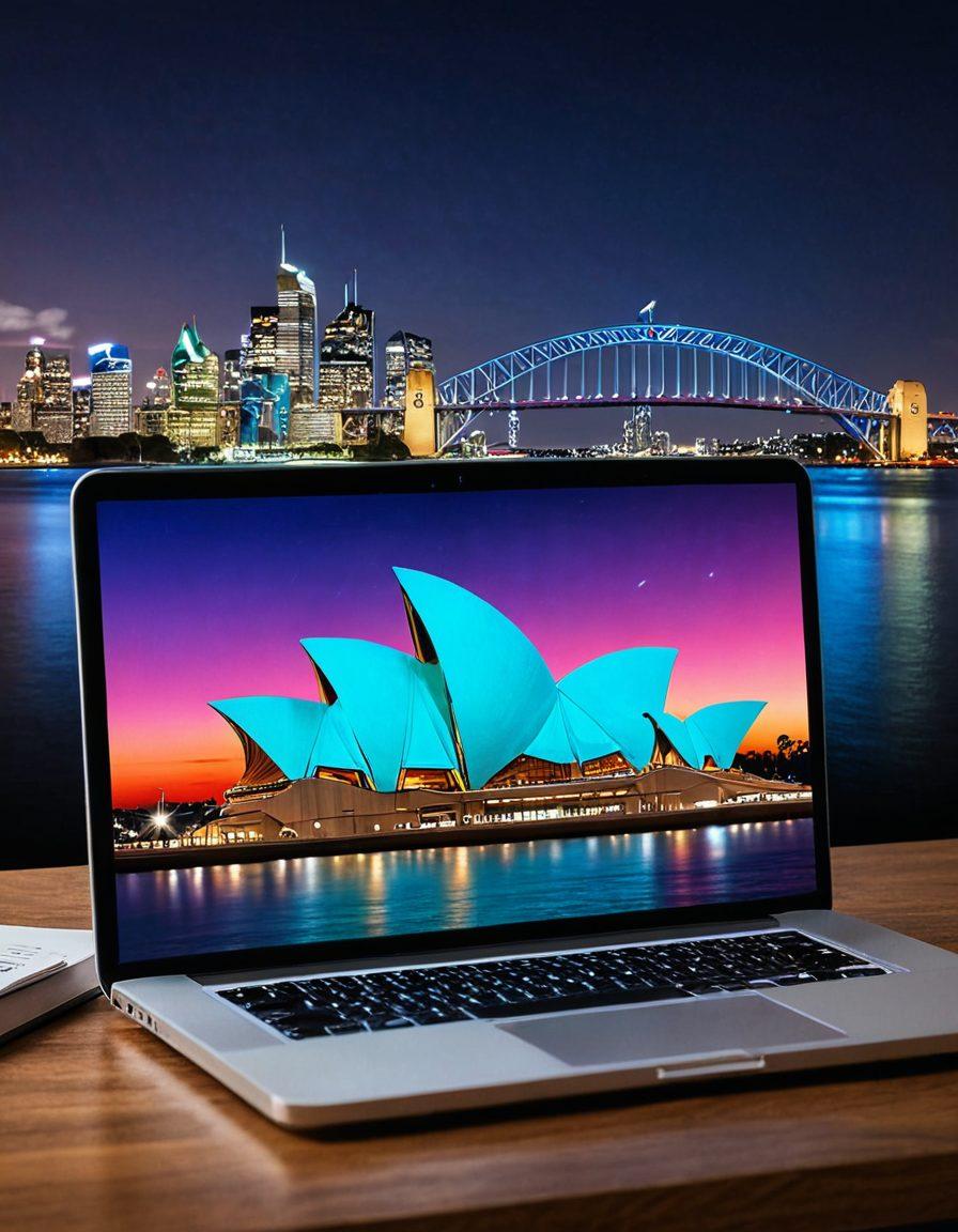 A dynamic Australian skyline with iconic landmarks like the Sydney Opera House, integrated with digital elements such as vibrant social media icons, a glowing laptop, and upward arrows symbolizing growth. The scene should convey connectivity and innovation, highlighting various internet services like web design and cloud solutions. The overall color scheme should be bright and forward-looking. super-realistic. vibrant colors. 3D.