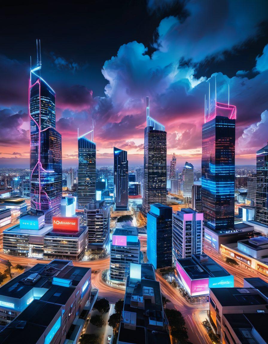 A futuristic representation of Australia seamlessly merging e-commerce solutions and cloud hosting. Include a vibrant skyline with digital clouds overhead, surrounded by symbols of online shopping like carts and packages. Feature dynamic connections between buildings and floating cloud icons. Use bright neon colors and a modern aesthetic to highlight innovation. cyberpunk. vibrant colors.